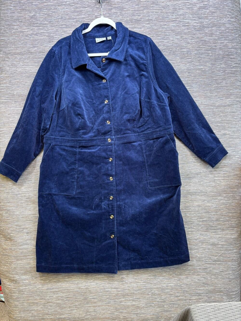 Joan Rivers Shirt Dress Womens 2X Blue Corduroy Button Pockets Knee Length